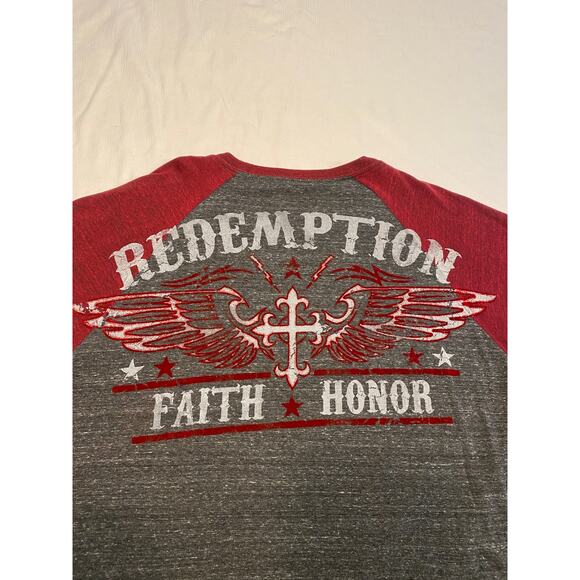 Raw State Redemption Long Sleeve Ragland T-shirt Gray Red Mens XXL NWT Velvet - Picture 10 of 14